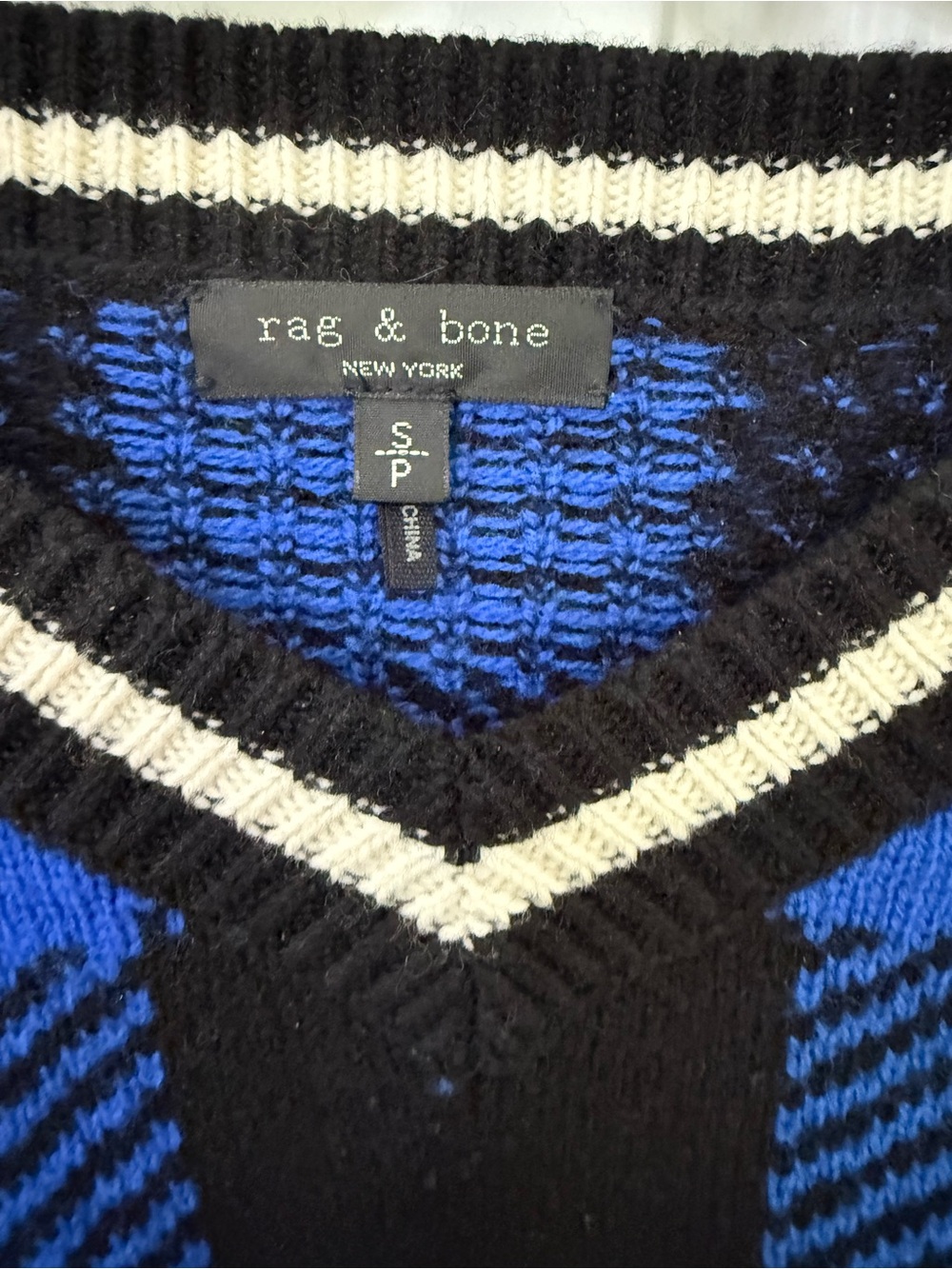 rag & bone Blue and Black Plaid V-Neck Sweater with Cream Trim - Picture 2 of 2